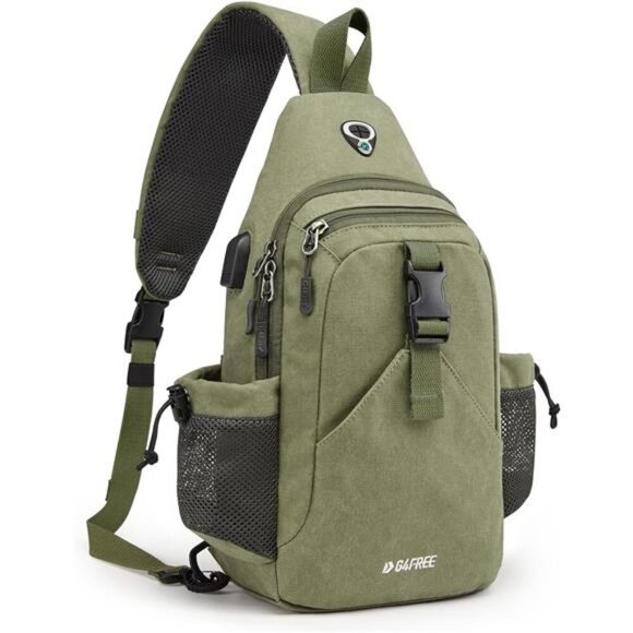 Canvas Sling Bag Crossbody Backpack with USB Charging Port &RFID Blocking,Hiking - Picture 1 of 7